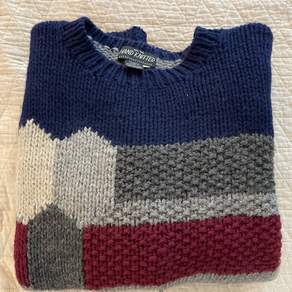 HAND KNITTED Vintage Crew Neck‎ Chunky Color Block Hand Knit Wool Sweater Size L